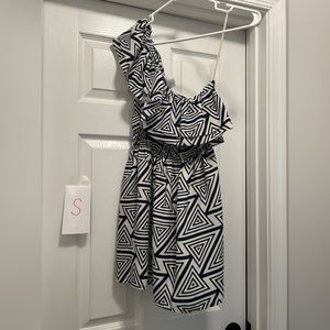 One shoulder geometric dress size small, navy and white